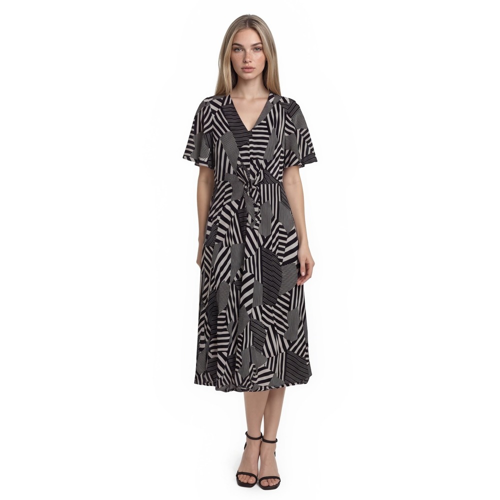 Joseph Ribkoff Midi Dress Women's Size 12 Black White Geometric Striped V-Neck